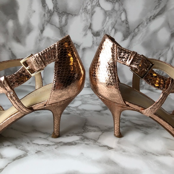 Enzo Angiolini Rose Gold Faux Snake Skin Strappy High Heels - Picture 3 of 15